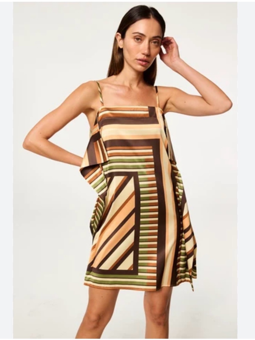 Striped Satin Spaghetti-Strap Mini Dress in Brown and Green
